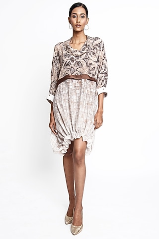 Beige & Brown Natural Crepe Balloon Dress by ANMOL KAKAD