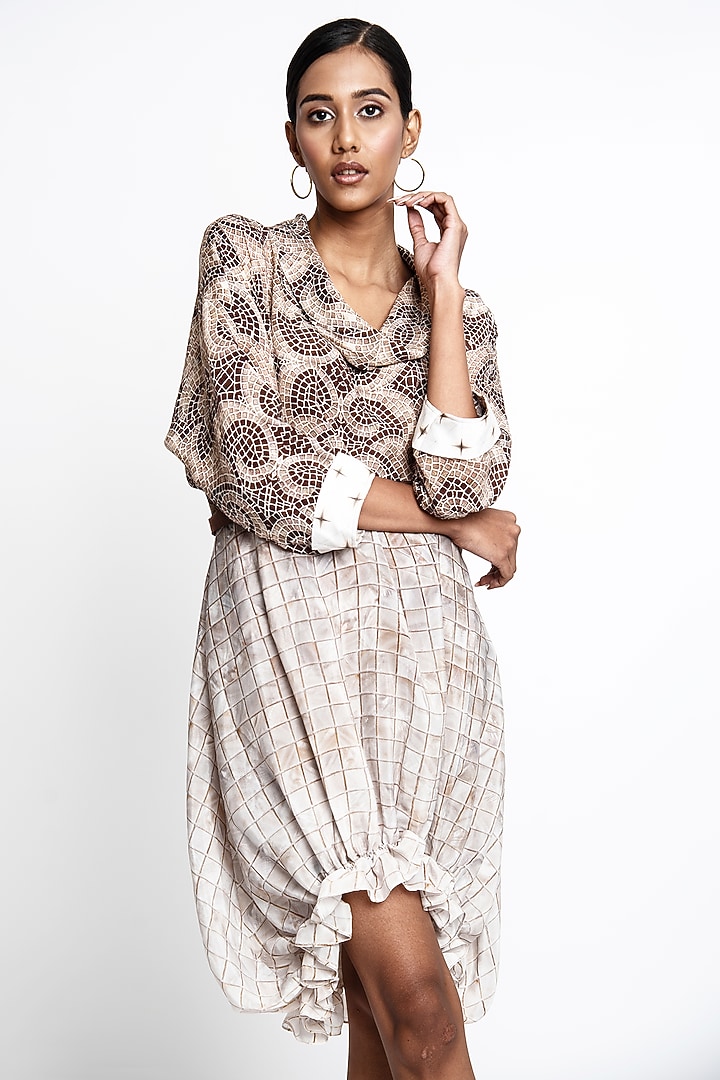 Beige & Brown Natural Crepe Balloon Summer Dress by ANMOL KAKAD at Pernia's Pop Up Shop