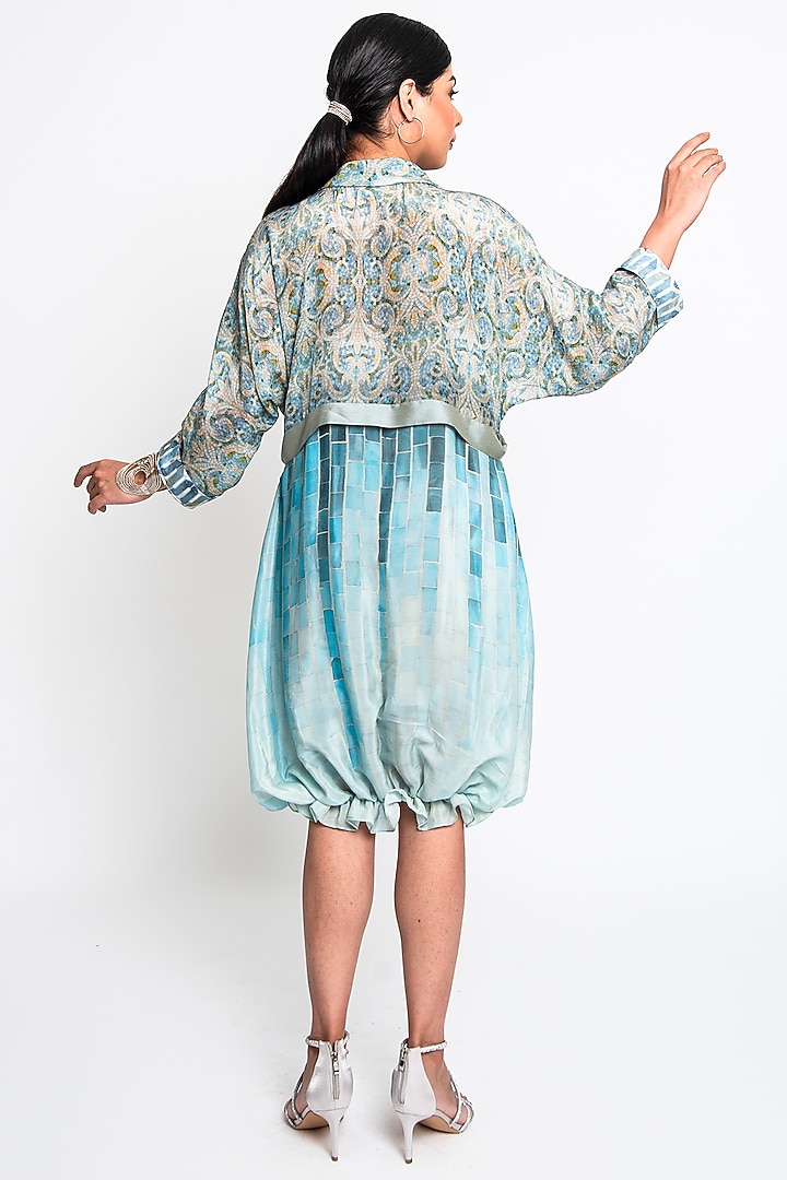 Teal & Ecru Natural Crepe Balloon Summer Dress by ANMOL KAKAD at Pernia's Pop Up Shop