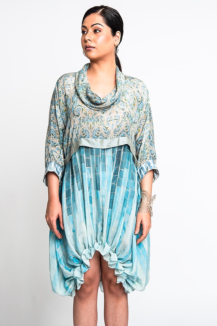 Teal & Ecru Natural Crepe Balloon Summer Dress by ANMOL KAKAD at Pernia's Pop Up Shop