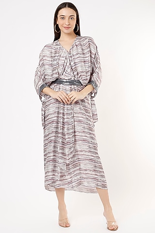 Maroon Satin Printed Dress by ANMOL KAKAD