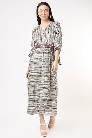 Wine Satin Printed Dress by ANMOL KAKAD