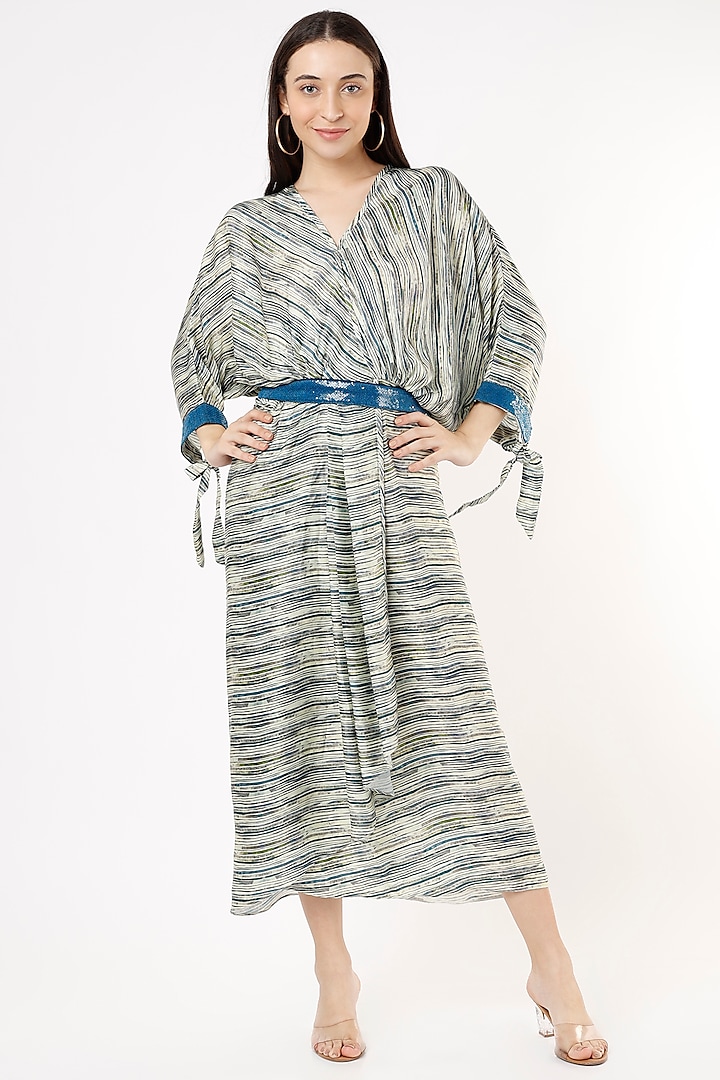 Blue Printed Dress With Belt by ANMOL KAKAD