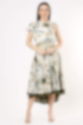 Off-White & Emerald Green Printed Asymmetrical Midi Summer Dress by ANMOL KAKAD at Pernia's Pop Up Shop