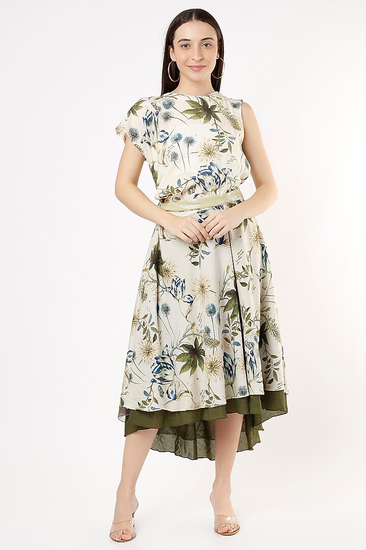 Off-White & Emerald Green Printed Asymmetrical Midi Summer Dress by ANMOL KAKAD at Pernia's Pop Up Shop