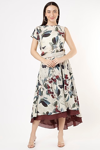 Beige Printed Asymmetrical Midi Dress by ANMOL KAKAD