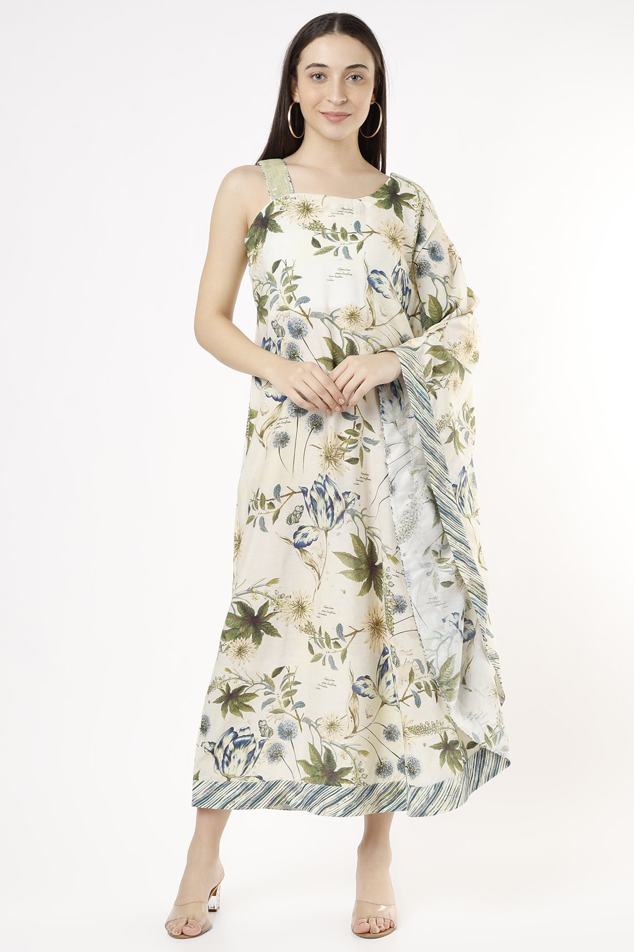 Off-White & Emerald Green Printed Asymmetrical Circular Drop Summer Dress by ANMOL KAKAD at Pernia's Pop Up Shop