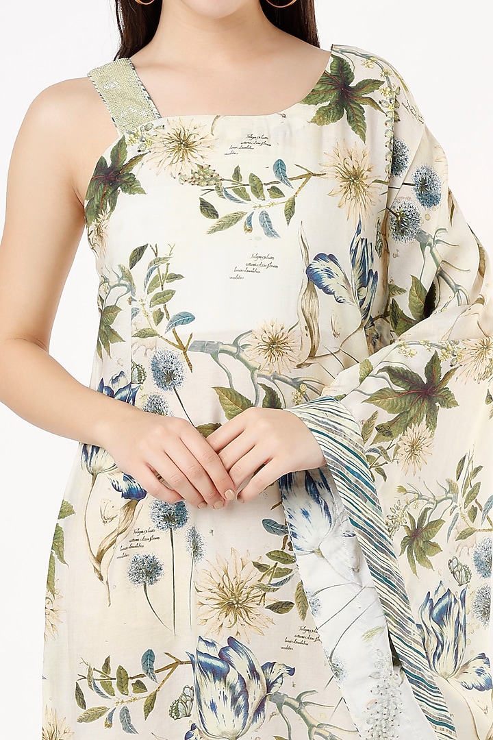 Off-White & Emerald Green Printed Asymmetrical Circular Drop Summer Dress by ANMOL KAKAD at Pernia's Pop Up Shop