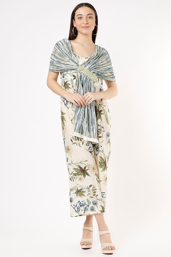 Beige Printed Jumpsuit With Wrap Stole by ANMOL KAKAD