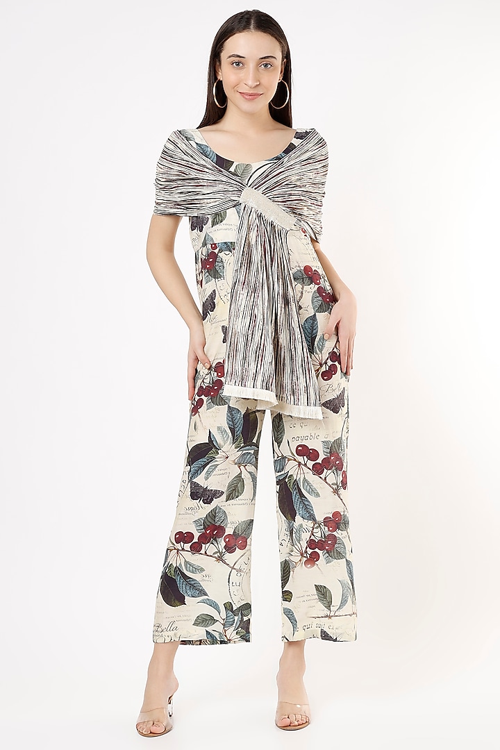 Maroon Printed Jumpsuit With Wrap Stole by ANMOL KAKAD