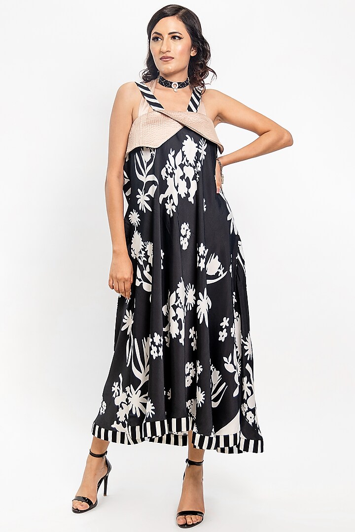Black & White Satin Printed Dress by ANMOL KAKAD
