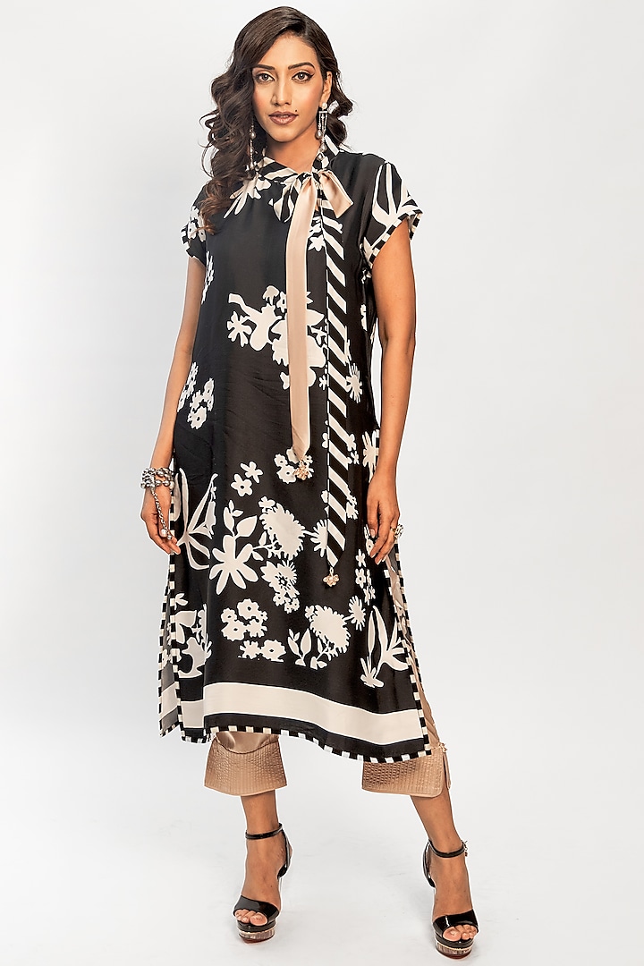 Black & White Satin Printed Tunic Set by ANMOL KAKAD at Pernia's Pop Up Shop