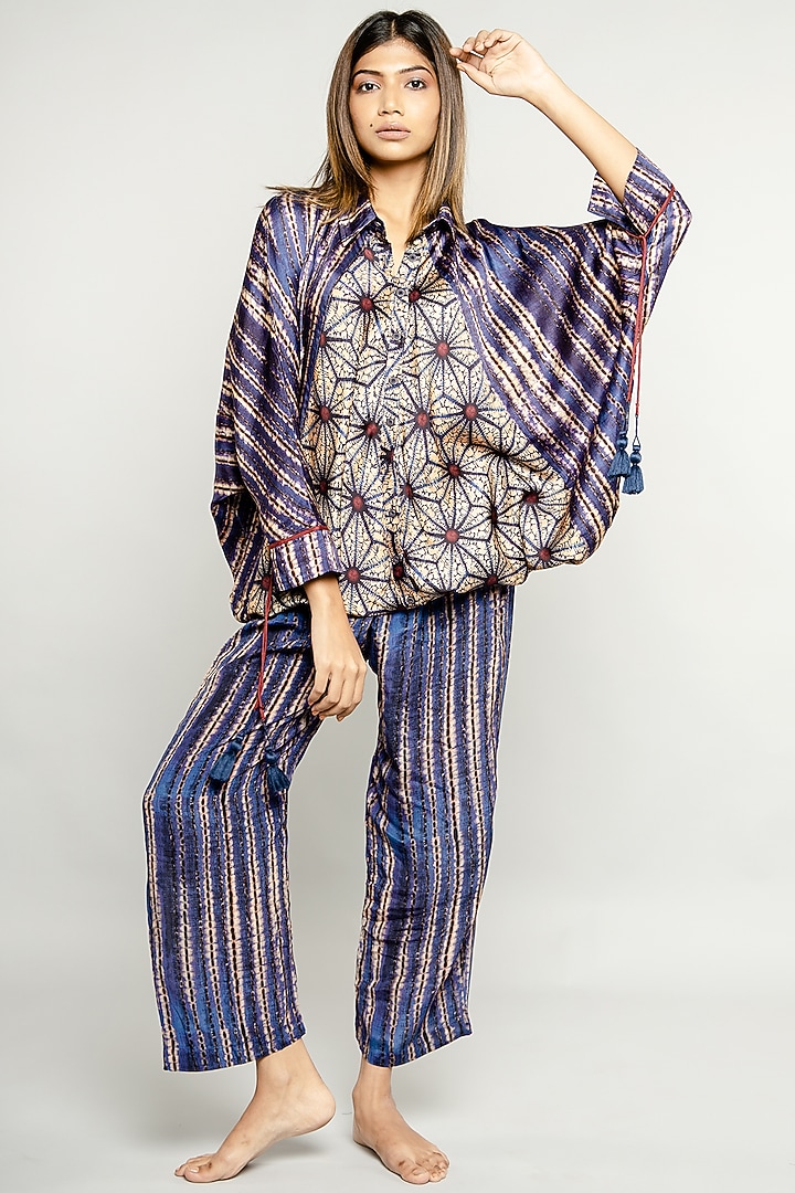 Blue Satin Shirt Tunic Set by ANMOL KAKAD at Pernia's Pop Up Shop