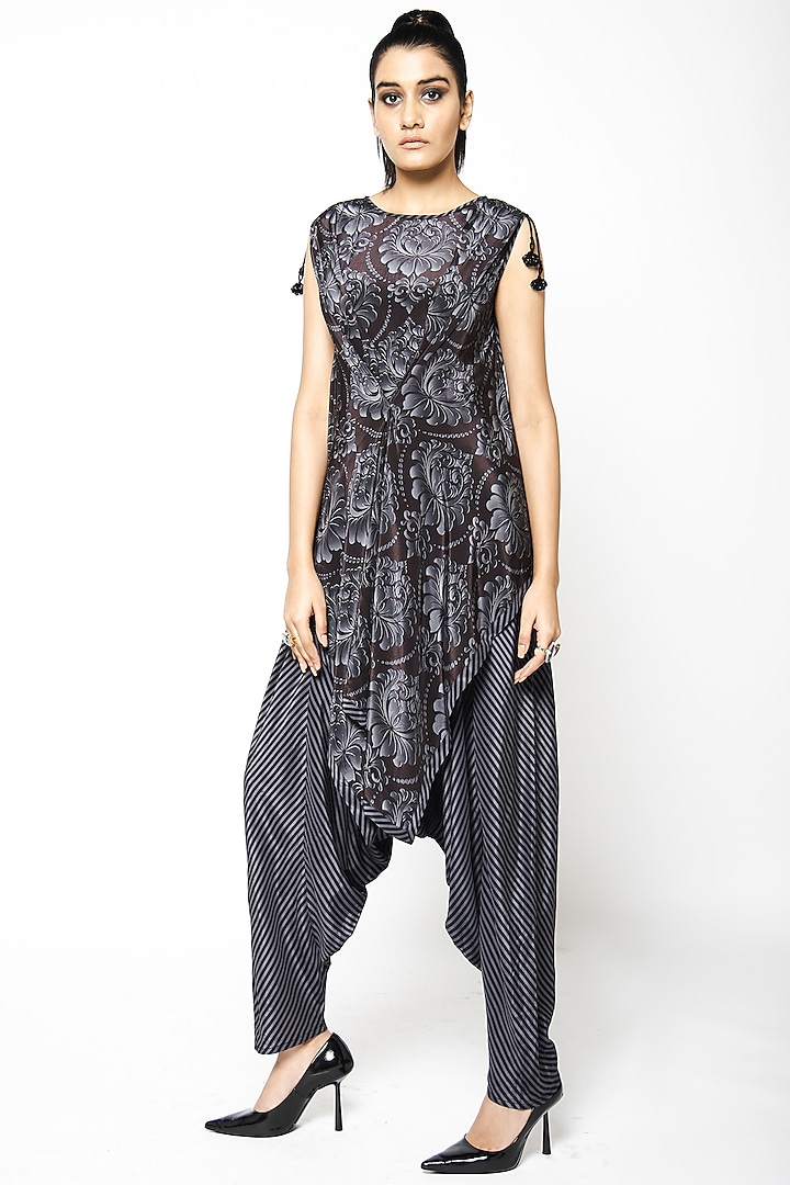 Black Crepe Silk Jumpsuit With Cape by ANMOL KAKAD
