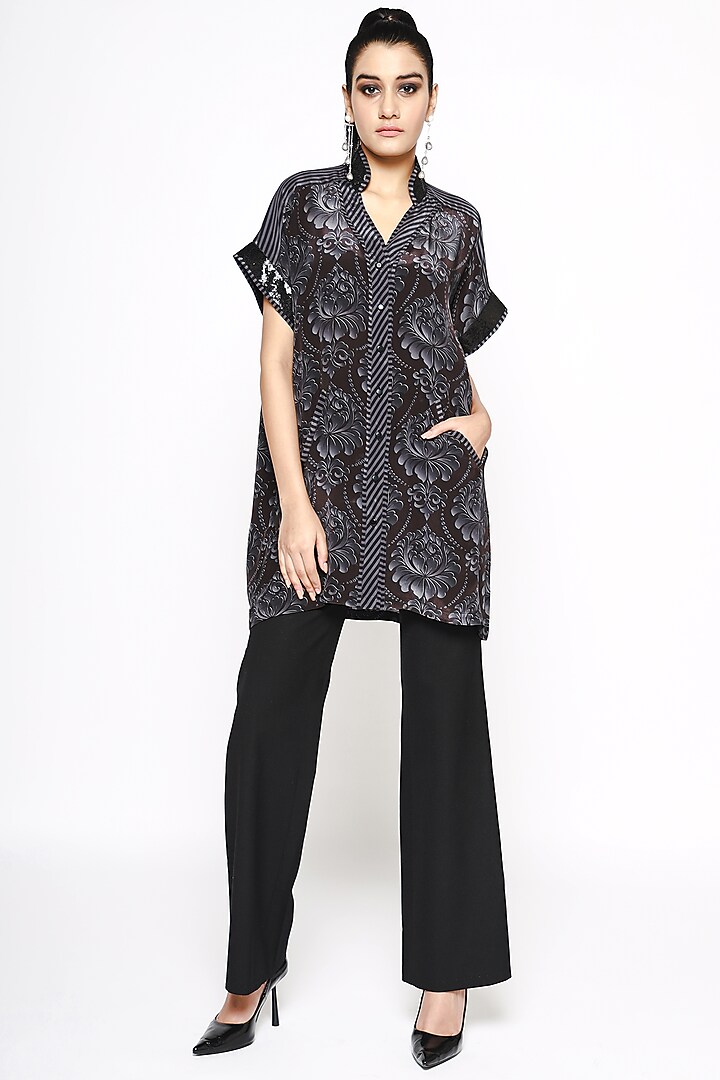 Black Crepe Silk Oversized Shirt by ANMOL KAKAD