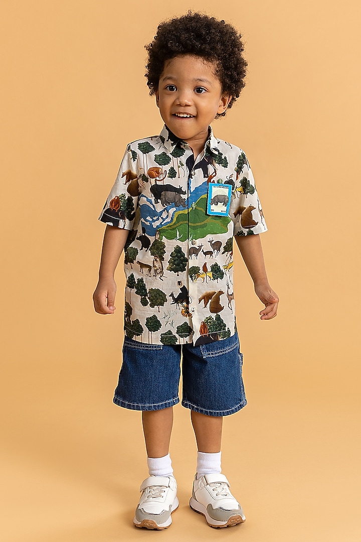 Ivory Cotton Printed Shirt For Boys by Ankid