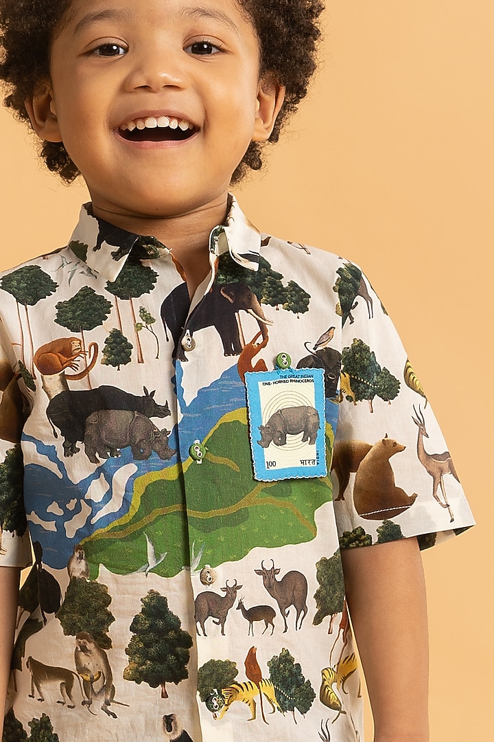 Ivory Cotton Printed Shirt For Boys by Ankid at Pernia's Pop Up Shop