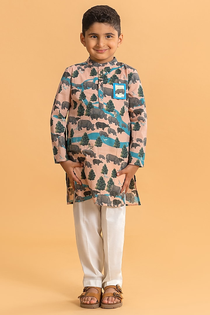 Blush Cotton Printed Kurta Set For Boys by Ankid at Pernia's Pop Up Shop