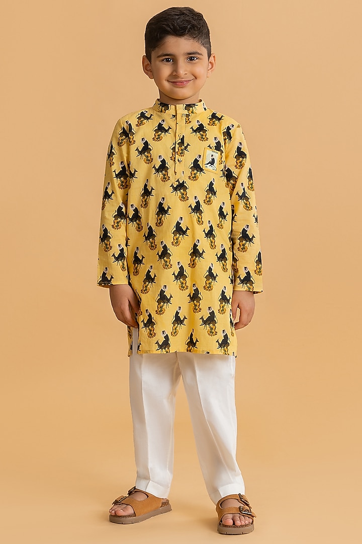 Yellow Cotton Printed Kurta Set For Boys by Ankid