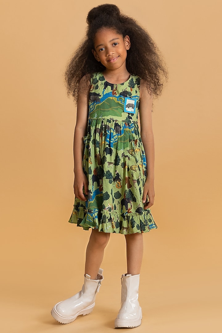 Sage Green Cotton Printed Ruffled Dress For Girls by Ankid at Pernia's Pop Up Shop