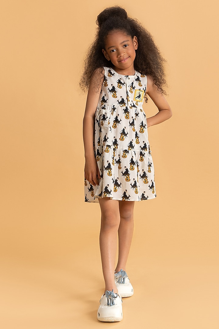 Ivory Cotton Printed Tiered Dress For Girls by Ankid at Pernia's Pop Up Shop