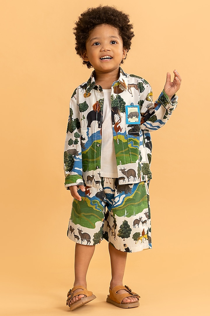 Ivory Cotton Printed Co-Ord Set For Boys by Ankid