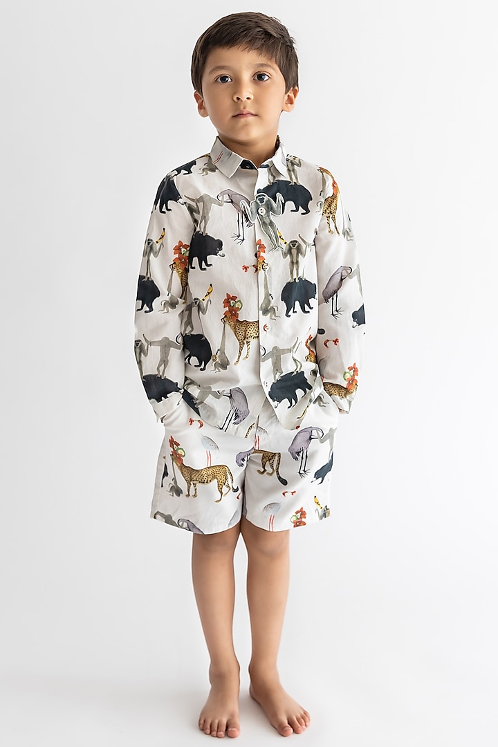 Ivory Cotton Voile Digital Printed Co-Ord Set For Boys by Ankid