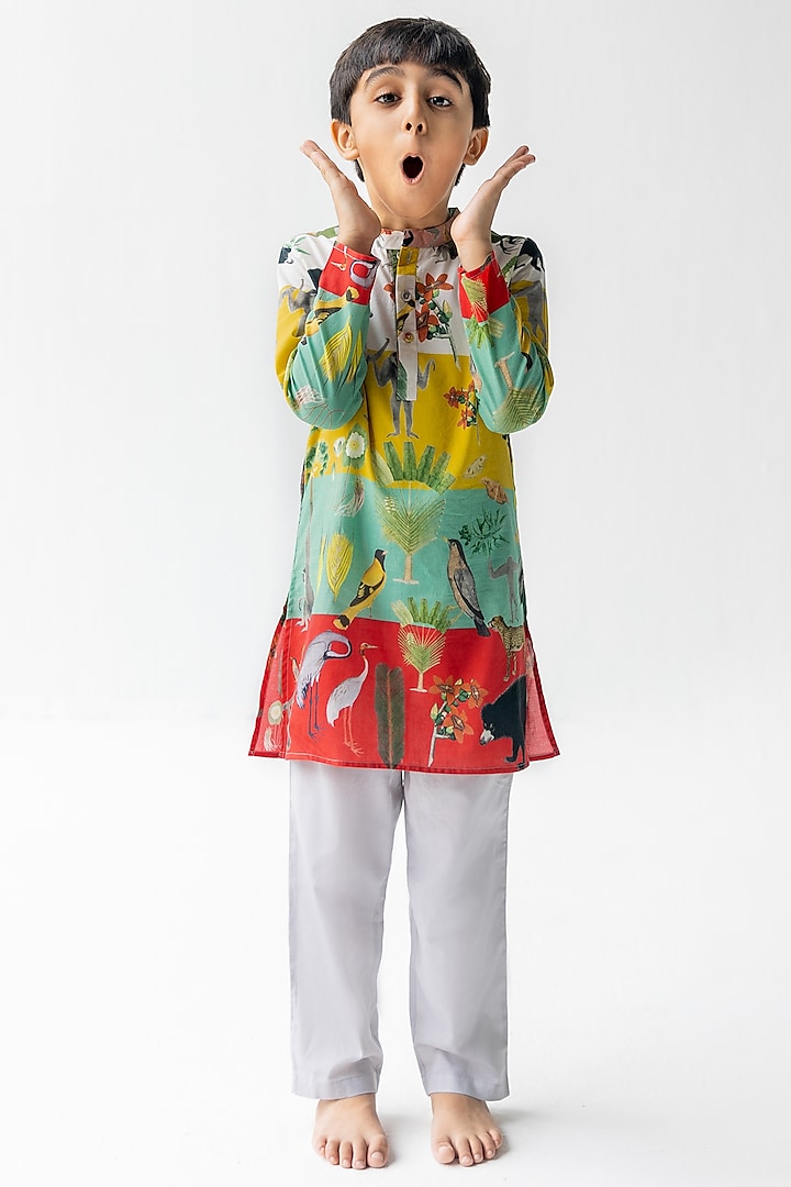 Multi-Colored Cotton Voile Digital Printed Kurta Set for Boys by Ankid