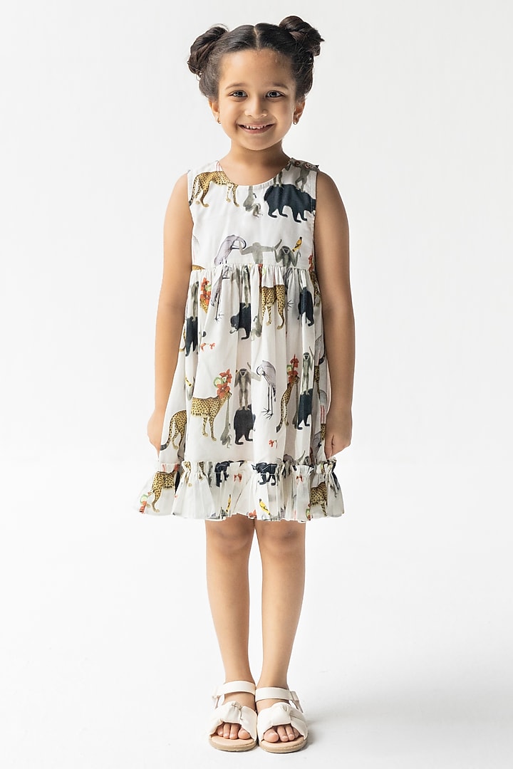 Ivory Cotton Voile Digital Printed Ruffled Dress for Girls by Ankid