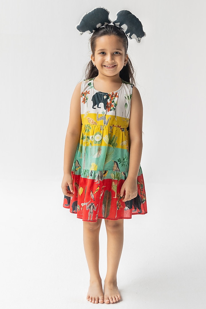 Multi-Colored Cotton Voile Digital Printed Tiered Dress for Girls by Ankid