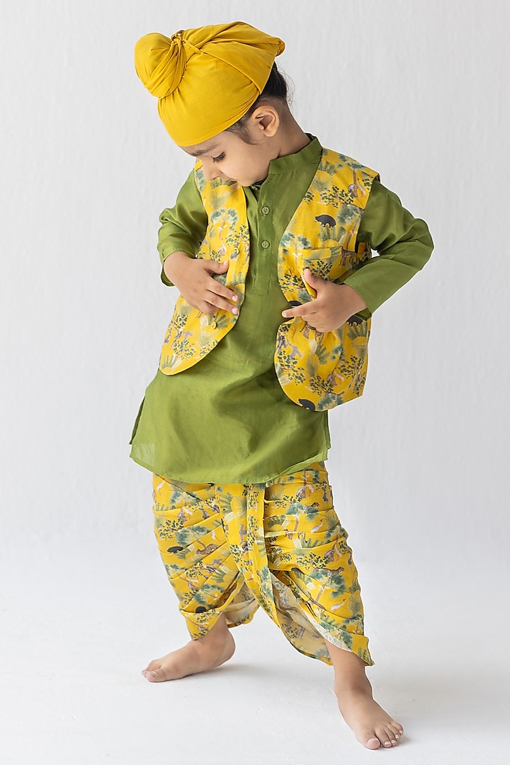 Mustard Silk Chanderi Digital Printed Bundi Jacket With Kurta Set by Ankid