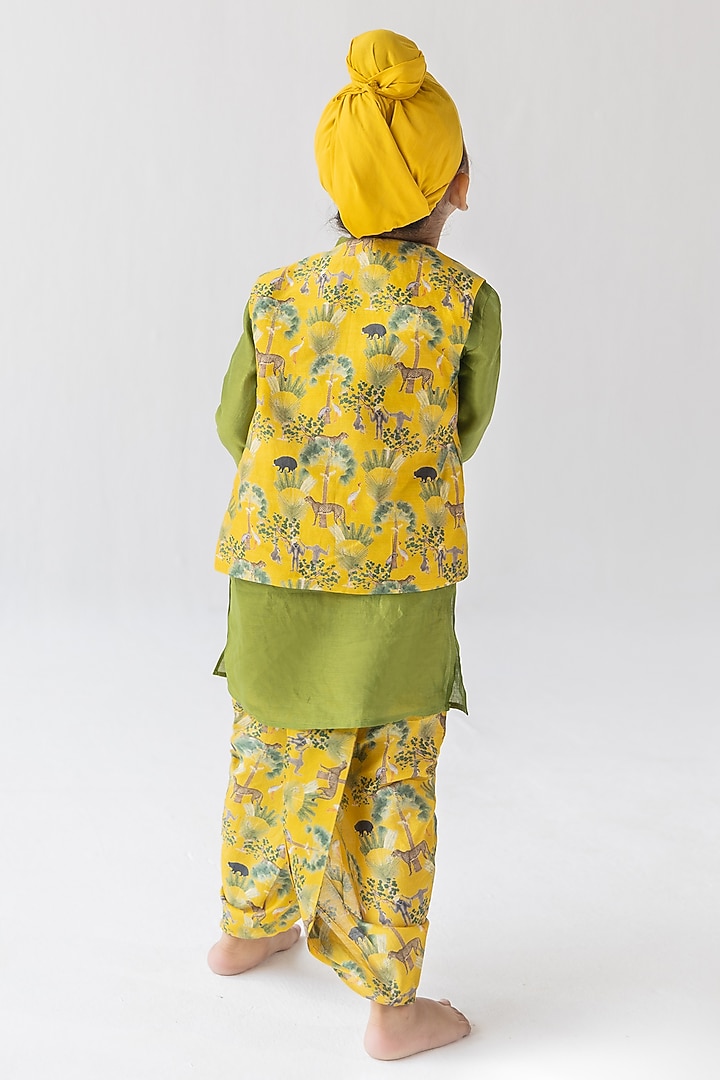 Mustard Silk Chanderi Digital Printed Bundi Jacket With Kurta Set by Ankid at Pernia's Pop Up Shop
