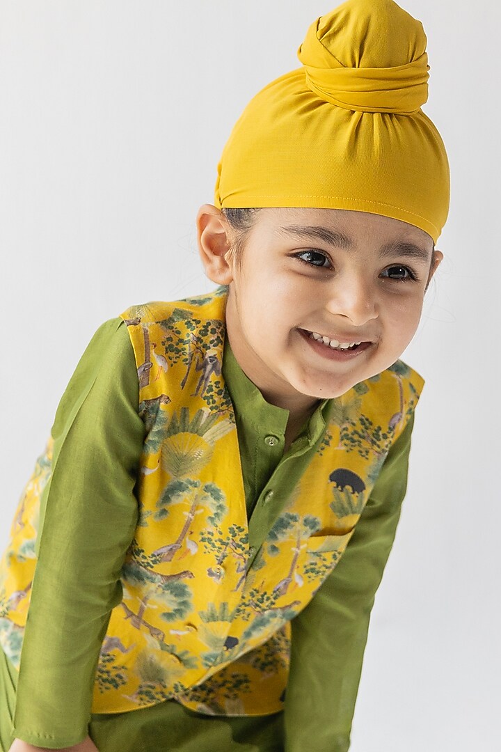 Mustard Silk Chanderi Digital Printed Bundi Jacket With Kurta Set by Ankid at Pernia's Pop Up Shop