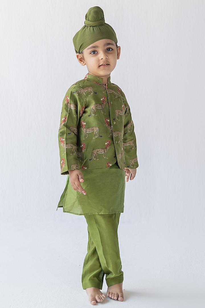 Olive Green Silk Chanderi Digital Printed Bandhgala Jacket Set For Boys by Ankid