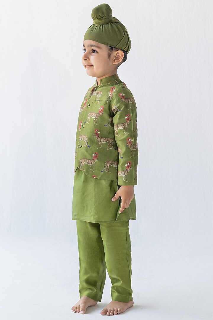 Olive Green Silk Chanderi Digital Printed Bandhgala Jacket Set For Boys by Ankid at Pernia's Pop Up Shop