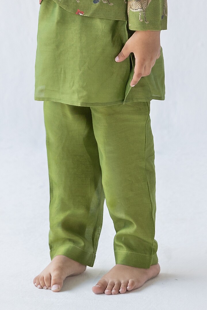 Olive Green Silk Chanderi Digital Printed Bandhgala Jacket Set For Boys by Ankid at Pernia's Pop Up Shop