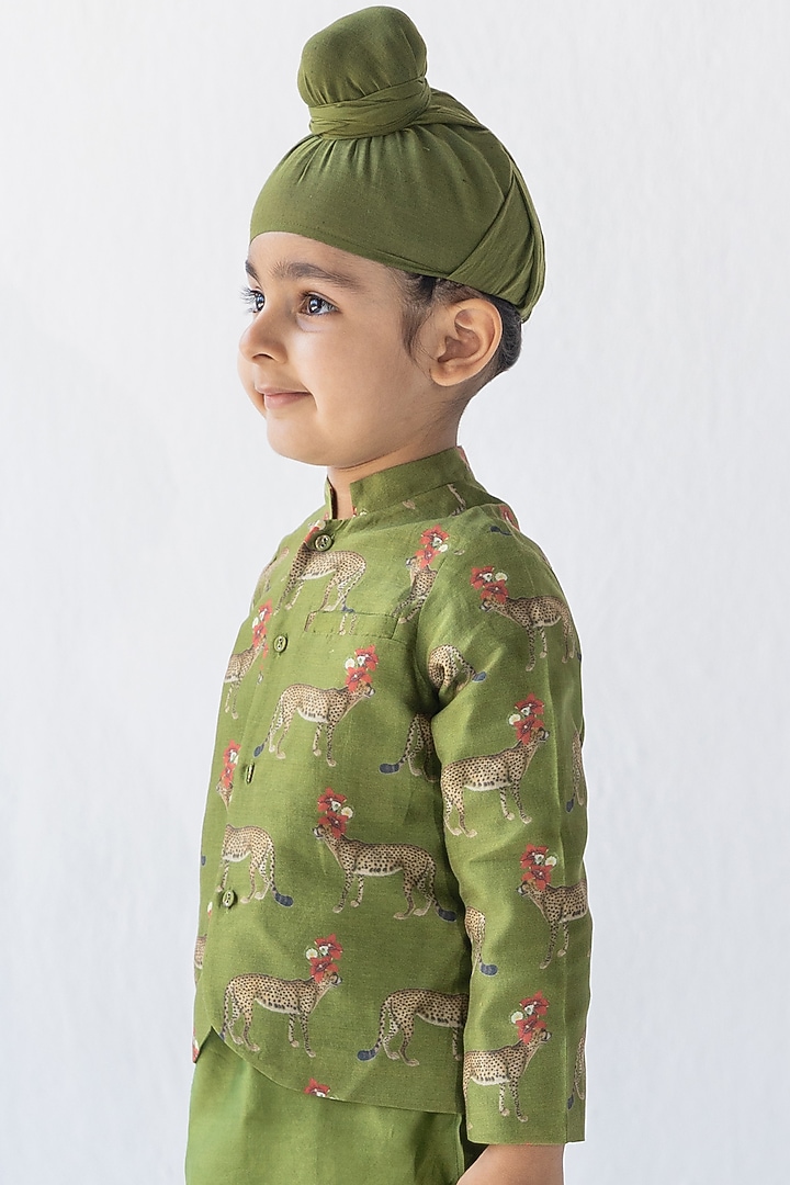 Olive Green Silk Chanderi Digital Printed Bandhgala Jacket Set For Boys by Ankid at Pernia's Pop Up Shop