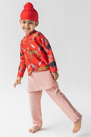 Red Silk Chanderi Digital Printed Bandhgala Jacket Set For Boys by Ankid