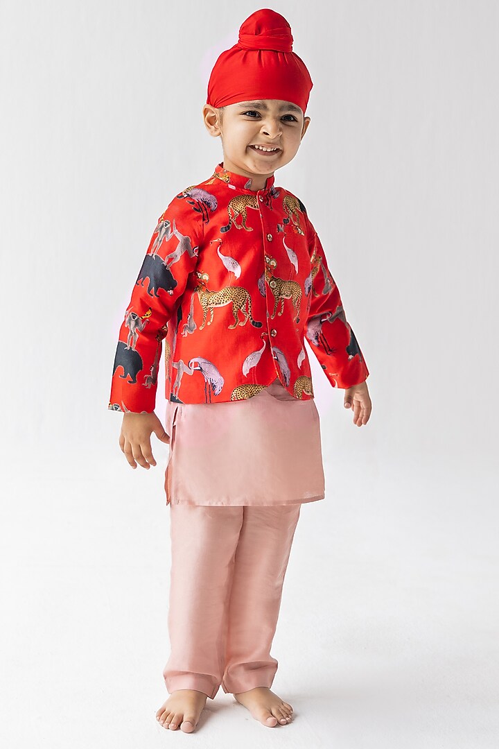 Red Silk Chanderi Digital Printed Bandhgala Jacket Set For Boys by Ankid at Pernia's Pop Up Shop