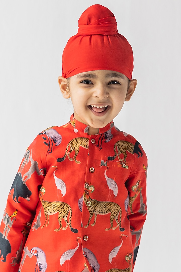 Red Silk Chanderi Digital Printed Bandhgala Jacket Set For Boys by Ankid at Pernia's Pop Up Shop