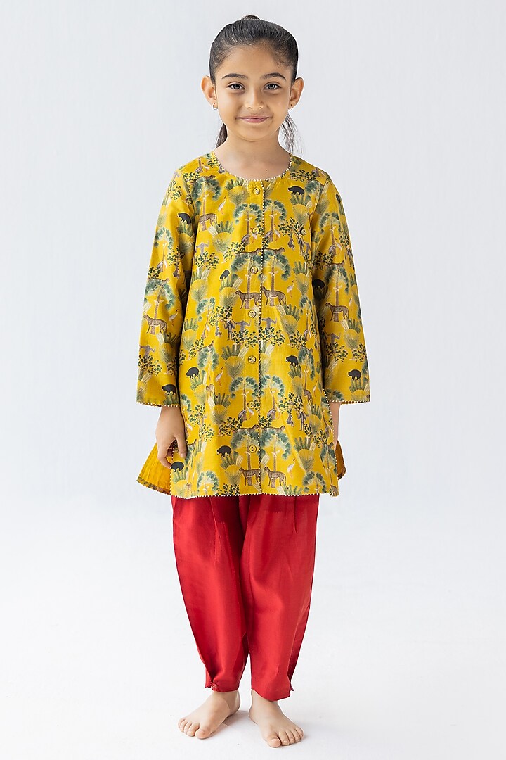 Mustard Silk Chanderi Digital Printed Kurta Set for Girls by Ankid