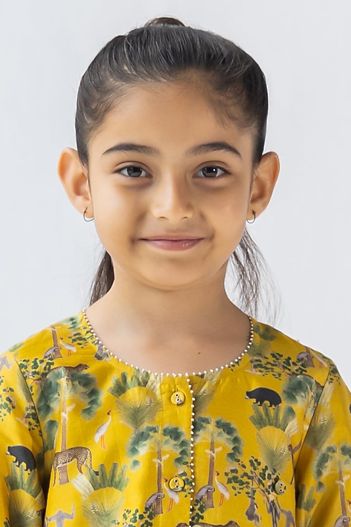 Mustard Silk Chanderi Digital Printed Kurta Set for Girls by Ankid at Pernia's Pop Up Shop