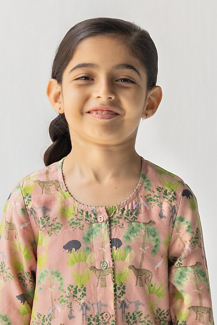 Blush Pink Silk Chanderi Digital Printed Kurta Set for Girls by Ankid at Pernia's Pop Up Shop