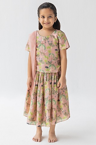 Blush Pink Silk Chanderi Digital Printed Lehenga Set for Girls by Ankid