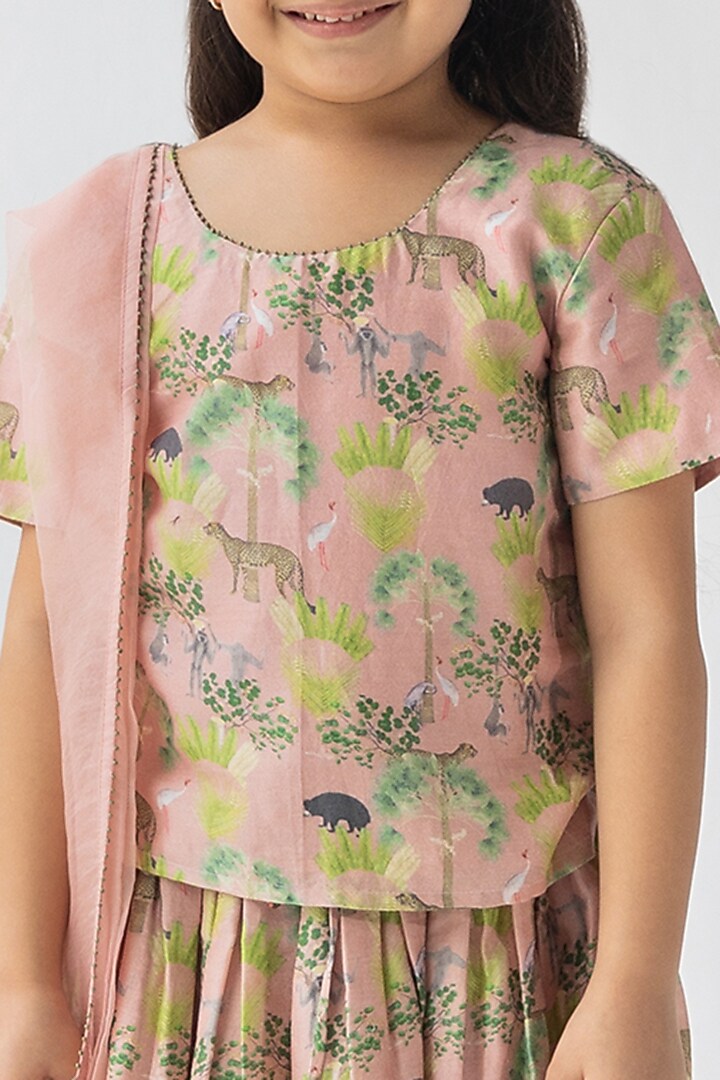 Blush Pink Silk Chanderi Digital Printed Lehenga Set for Girls by Ankid at Pernia's Pop Up Shop