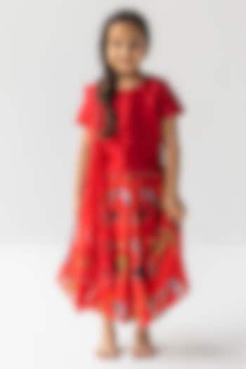 Red Silk Chanderi Digital Printed Lehenga Set For Girls by Ankid