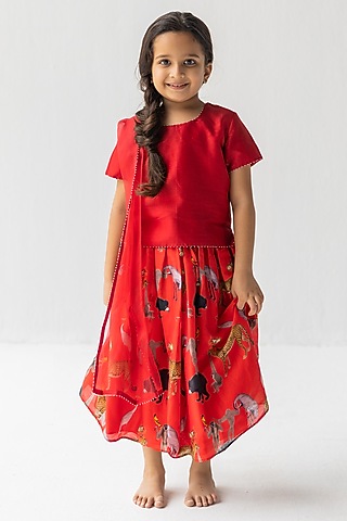 Red Silk Chanderi Digital Printed Lehenga Set For Girls by Ankid