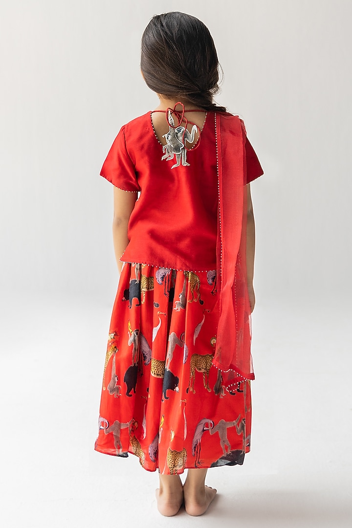 Red Silk Chanderi Digital Printed Lehenga Set For Girls by Ankid at Pernia's Pop Up Shop