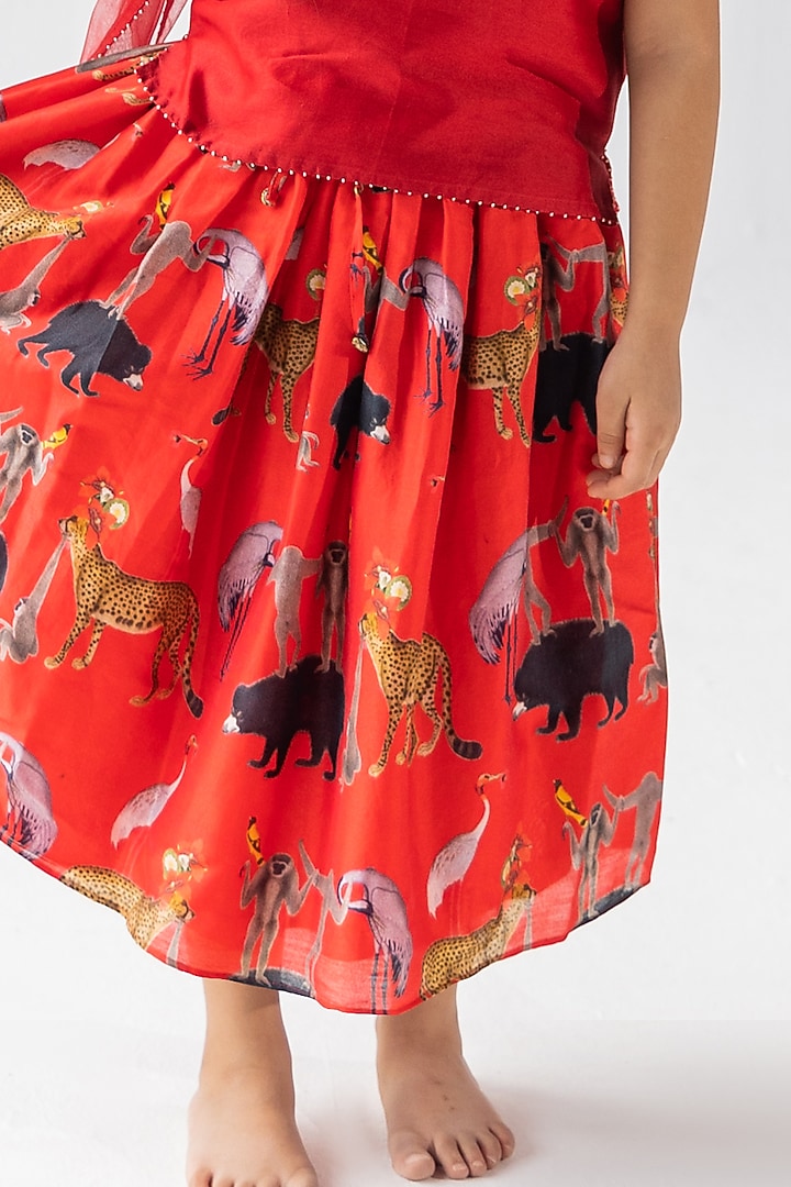 Red Silk Chanderi Digital Printed Lehenga Set For Girls by Ankid at Pernia's Pop Up Shop