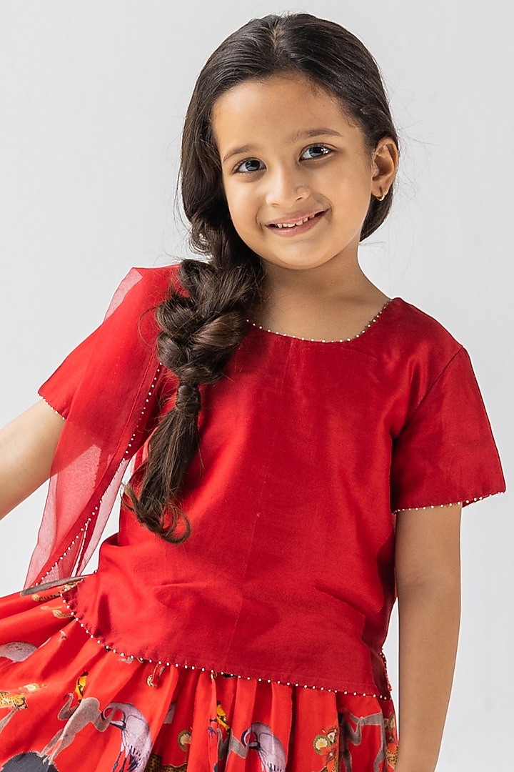 Red Silk Chanderi Digital Printed Lehenga Set For Girls by Ankid at Pernia's Pop Up Shop